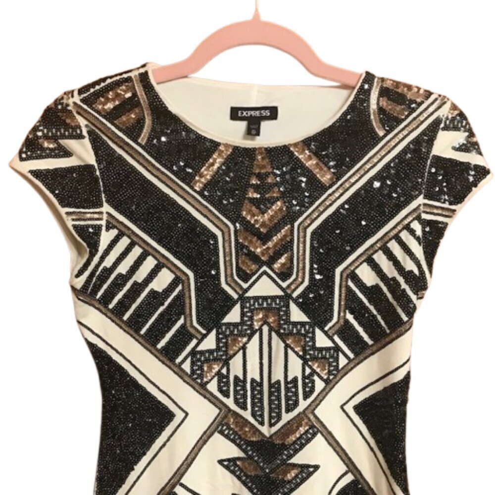 Express Geometric Sequin Bodycon Mini Dress Black White Gold Party/Cocktail XS - Picture 3 of 8